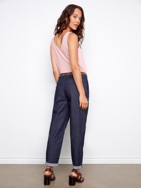 Charlie B Women's Belted Cross Hatch Denim Pants - Deep Blue