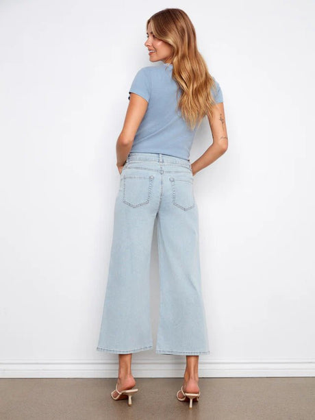 Charlie B Women's Belted Stretch Denim Wide Leg Pants - Bleach Blue