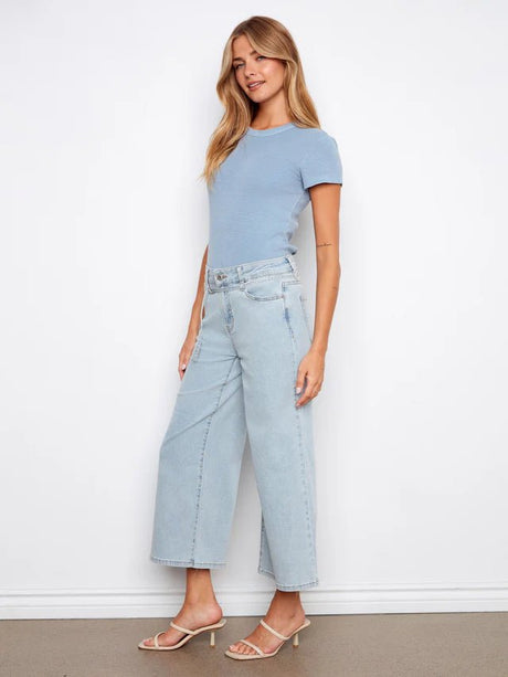 Charlie B Women's Belted Stretch Denim Wide Leg Pants - Bleach Blue