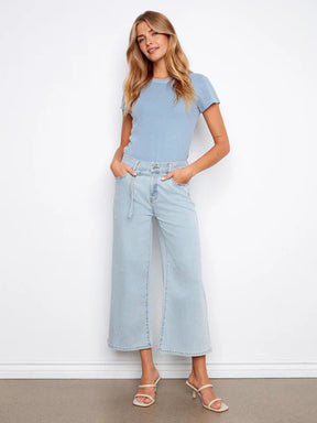 Charlie B Women's Belted Stretch Denim Wide Leg Pants - Bleach Blue