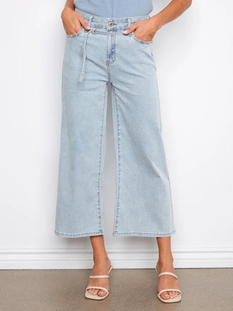 Charlie B Women's Belted Stretch Denim Wide Leg Pants - Bleach Blue