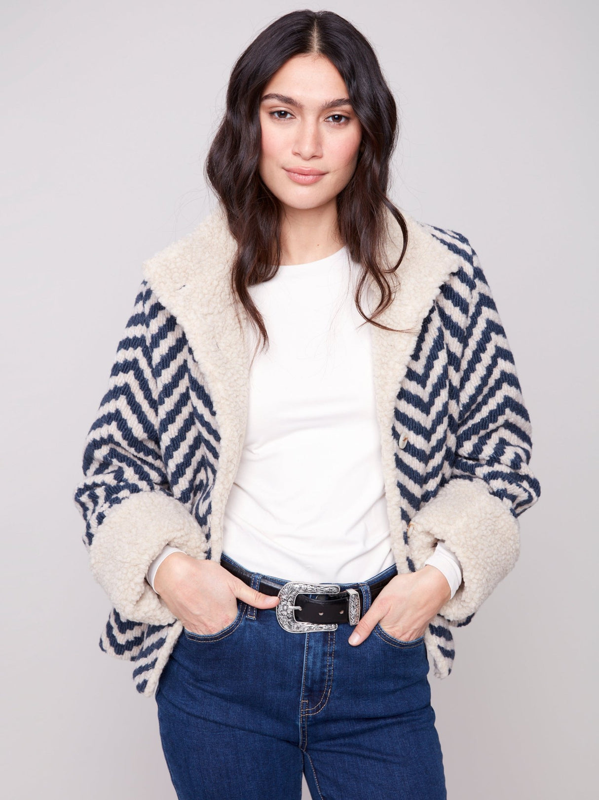 Charlie B Women's Chevron Boucle Short Jacket - A&M Clothing & Shoes - Westlock