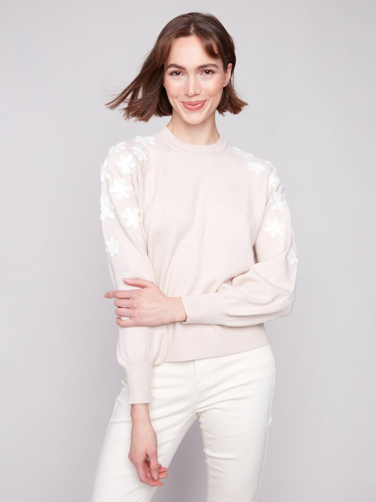 Charlie B Women's Crew Neck Embroidery Sweater - A&M Clothing & Shoes - Westlock