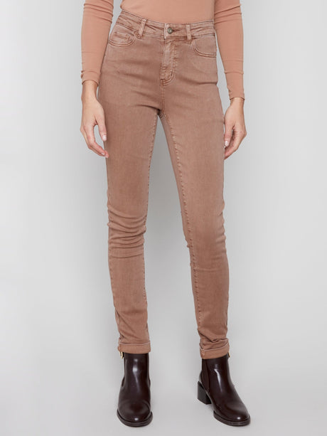 Charlie B Women's Cuffed Hem Slim 5-Pocket Twill Pants - Truffle