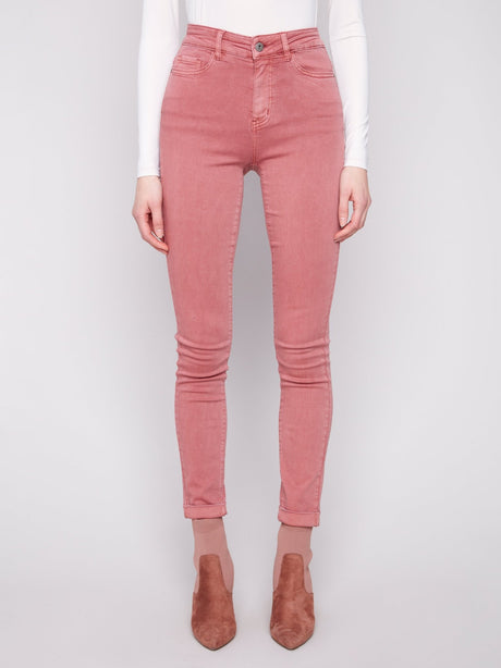 Charlie B Women's Cuffed Hem Slim 5-Pocket Twill Pants - Primrose