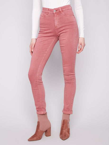 Charlie B Women's Cuffed Hem Slim 5-Pocket Twill Pants - Primrose