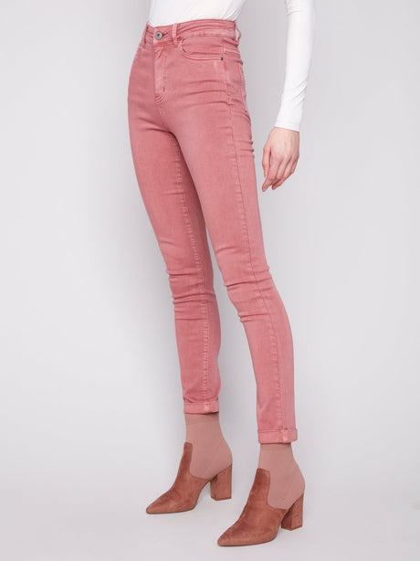 Charlie B Women's Cuffed Hem Slim 5-Pocket Twill Pants - Primrose