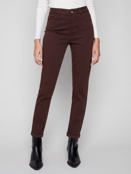 Charlie B Women's Cuffed Hem Slim 5-Pocket Twill Pants - Mocha