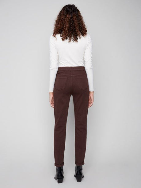 Charlie B Women's Cuffed Hem Slim 5-Pocket Twill Pants - Mocha