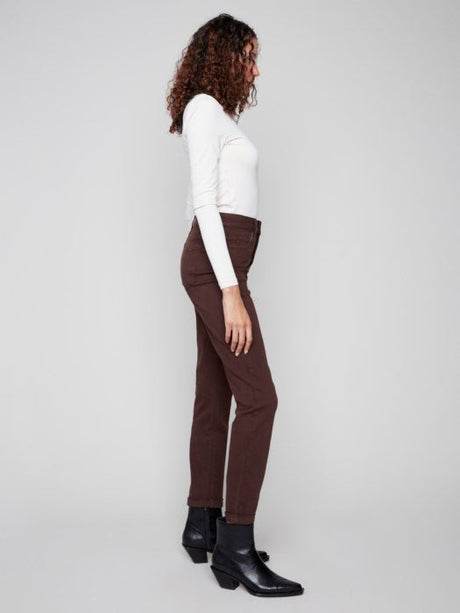 Charlie B Women's Cuffed Hem Slim 5-Pocket Twill Pants - Mocha