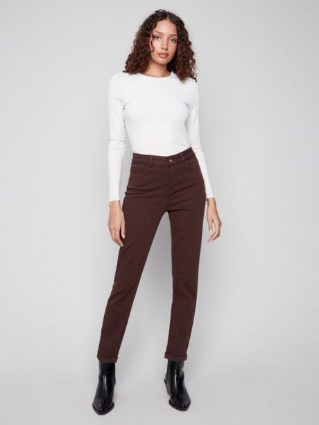 Charlie B Women's Cuffed Hem Slim 5-Pocket Twill Pants - Mocha