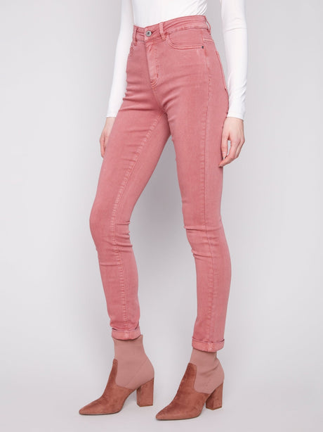 Charlie B Women's Cuffed Hem Slim 5-Pocket Twill Pants - Primrose