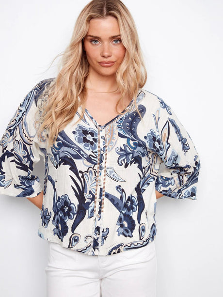 Charlie B Women's Dolman Sleeve Button Front Blouse - Paisley