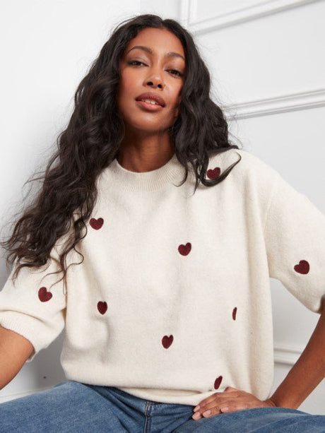 Charlie B Women's Embroidery Hearts Balloon Shape Sweater - Heather Oat