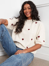 Charlie B Women's Embroidery Hearts Balloon Shape Sweater - Heather Oat