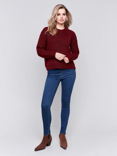 Charlie B Women's Fishnet Sleeve Sweater - Cabernet