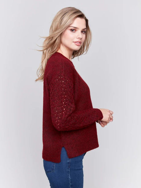 Charlie B Women's Fishnet Sleeve Sweater - Cabernet