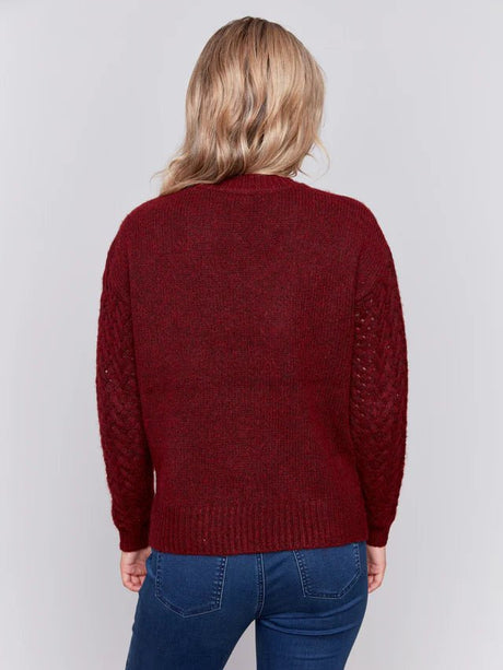 Charlie B Women's Fishnet Sleeve Sweater - Cabernet
