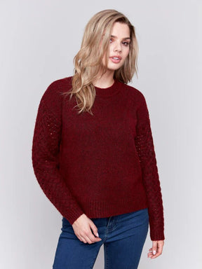 Charlie B Women's Fishnet Sleeve Sweater - Cabernet