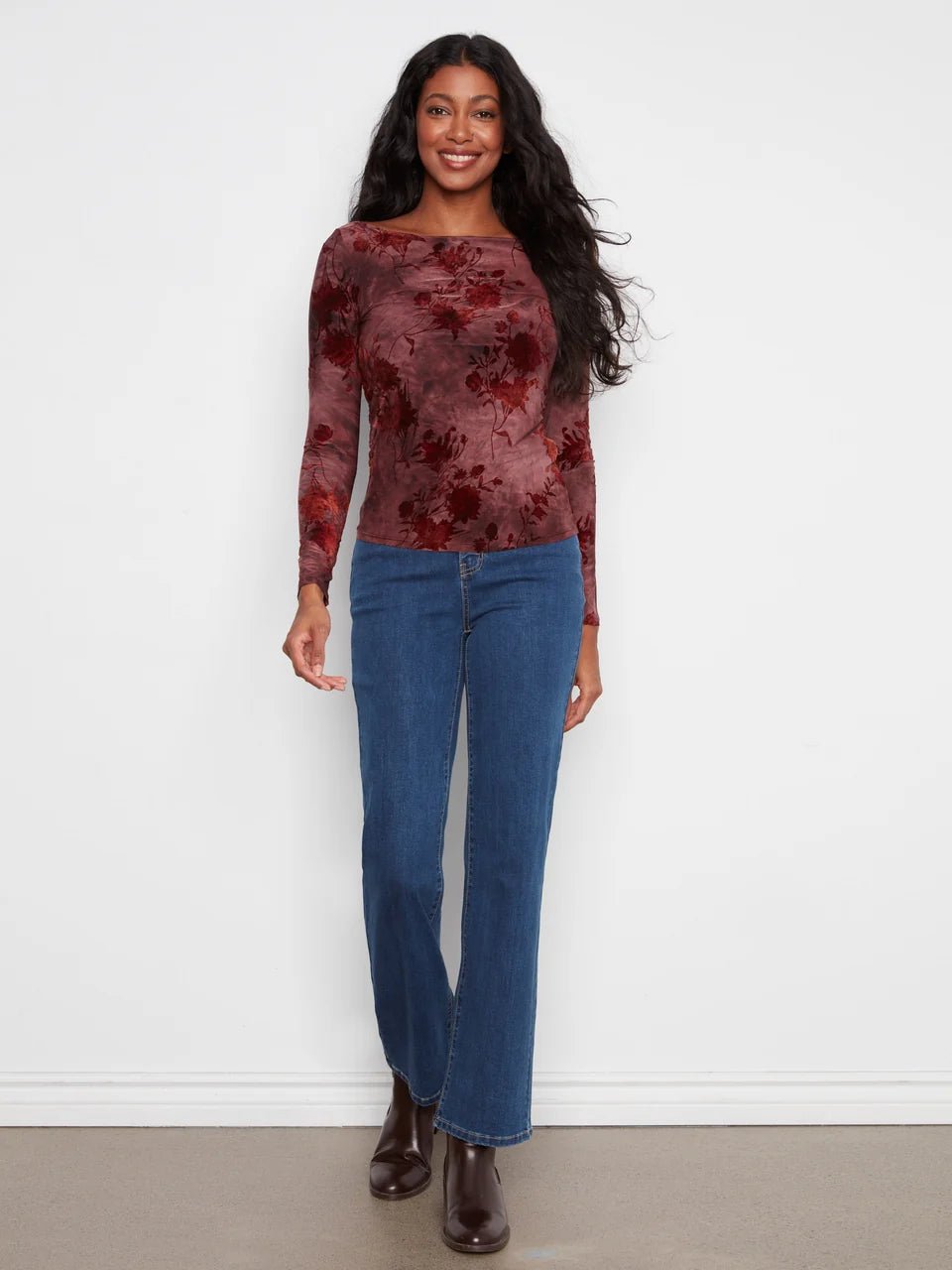 Charlie B Women's Flocked Jersey LS Boat Neck Ruching Top - Merlot