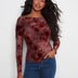 Charlie B Women's Flocked Jersey LS Boat Neck Ruching Top - Merlot