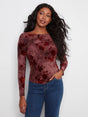 Charlie B Women's Flocked Jersey LS Boat Neck Ruching Top - Merlot