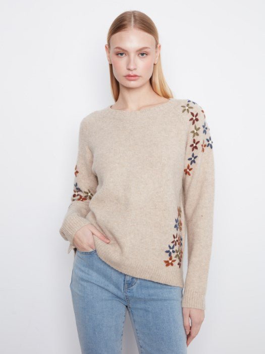 Charlie B Women's Floral Embroidered Raglan Crew Sweater - Light Pebble