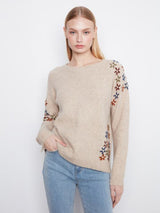 Charlie B Women's Floral Embroidered Raglan Crew Sweater - Light Pebble