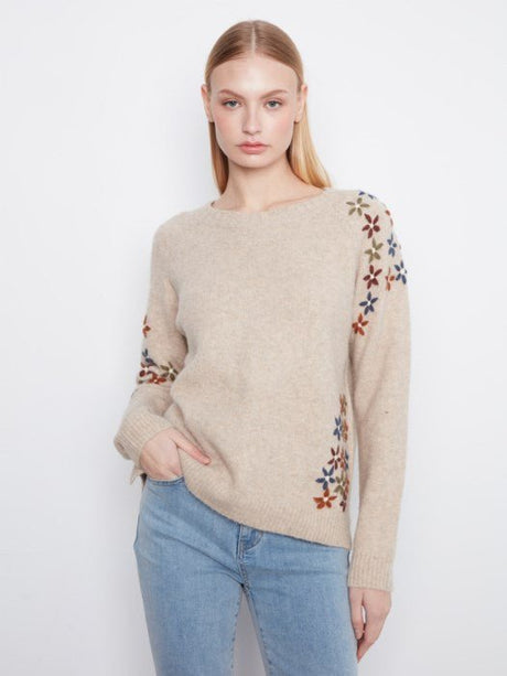 Charlie B Women's Floral Embroidered Raglan Crew Sweater - Light Pebble