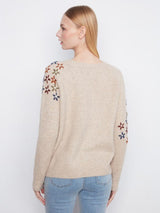 Charlie B Women's Floral Embroidered Raglan Crew Sweater - Light Pebble