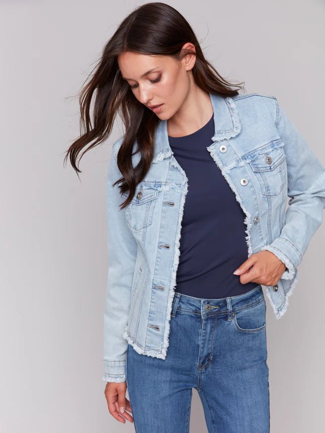 Charlie B Women's Jean Jacket with Frayed Edges - A&M Clothing & Shoes - Westlock