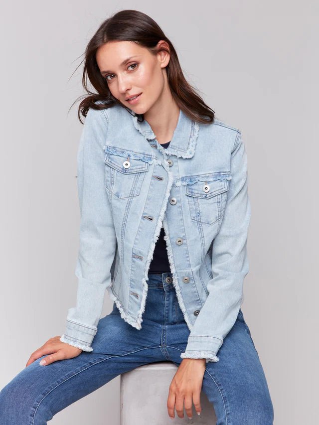 Charlie B Women's Jean Jacket with Frayed Edges - A&M Clothing & Shoes - Westlock