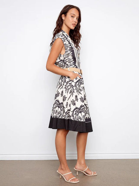 Charlie B Women's Linen Cap Sleeve Straw Belt Dress - Oasis
