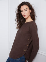 Charlie B Women's LS Drop Shoulder Boat Neck Button Sweater - Heather Coffee