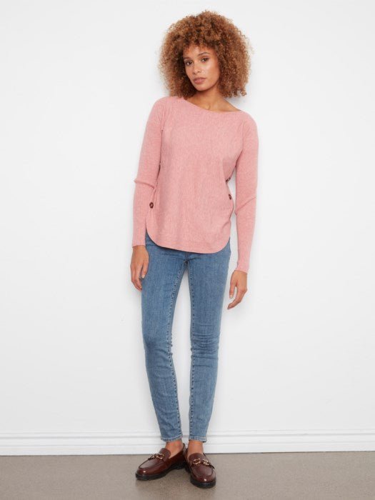 Charlie B Women's LS Drop Shoulder Boat Neck Button Sweater - Carnation