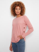 Charlie B Women's LS Drop Shoulder Boat Neck Button Sweater - Carnation