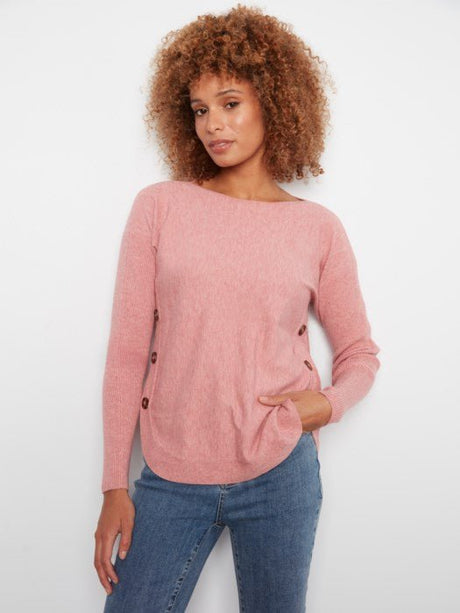 Charlie B Women's LS Drop Shoulder Boat Neck Button Sweater - Carnation