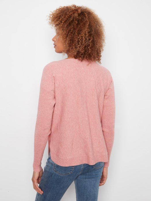 Charlie B Women's LS Drop Shoulder Boat Neck Button Sweater - Carnation