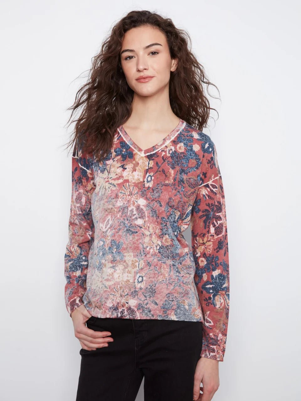 Charlie B Women's LS Drop Shoulder V-Neck Reversible Sweater - Passion