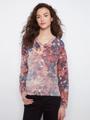 Charlie B Women's LS Drop Shoulder V-Neck Reversible Sweater - Passion