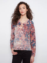 Charlie B Women's LS Drop Shoulder V-Neck Reversible Sweater - Passion