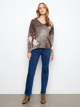 Charlie B Women's LS Drop Shoulder V-Neck Reversible Sweater - Coffee
