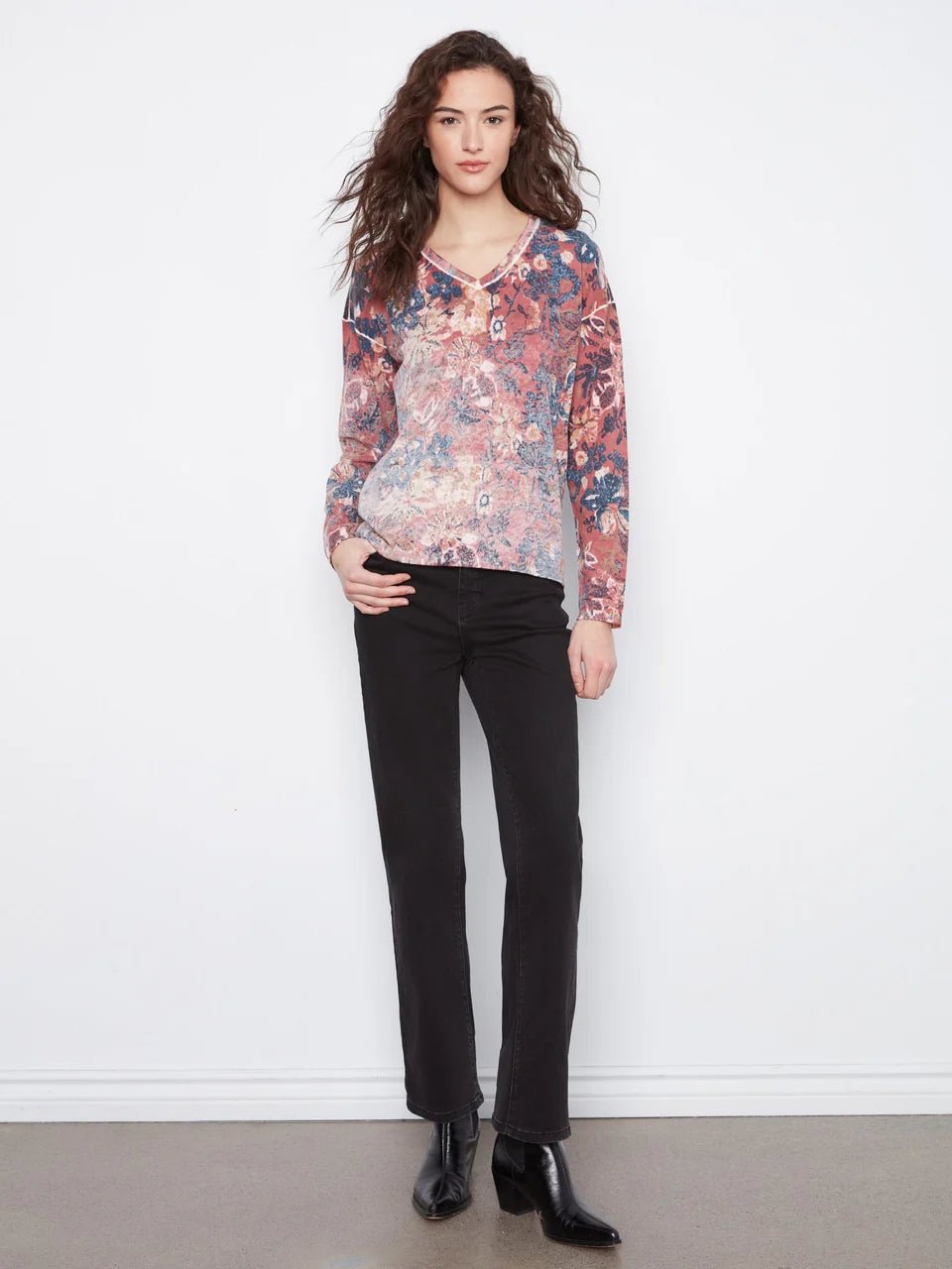 Charlie B Women's LS Drop Shoulder V-Neck Reversible Sweater - Passion