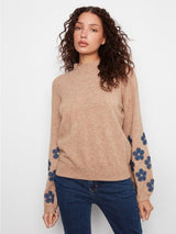 Charlie B Women's Mock Neck Flower Patches Sweater - Truffle