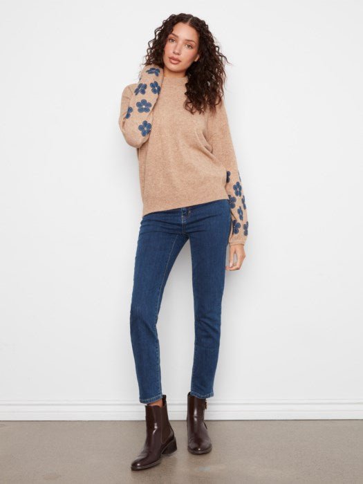 Charlie B Women's Mock Neck Flower Patches Sweater - Truffle