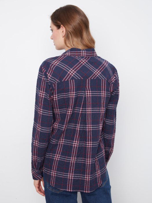 Charlie B Women's Plaid V-Neck Placket Long Sleeve Shirt - Midnight