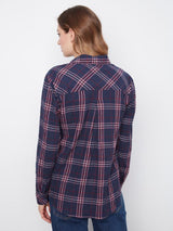 Charlie B Women's Plaid V-Neck Placket Long Sleeve Shirt - Midnight