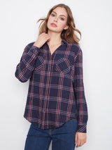 Charlie B Women's Plaid V-Neck Placket Long Sleeve Shirt - Midnight
