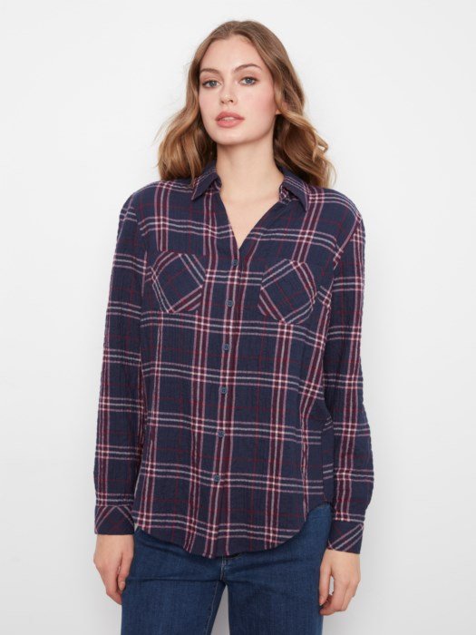 Charlie B Women's Plaid V-Neck Placket Long Sleeve Shirt - Midnight