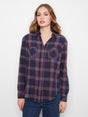 Charlie B Women's Plaid V-Neck Placket Long Sleeve Shirt - Midnight